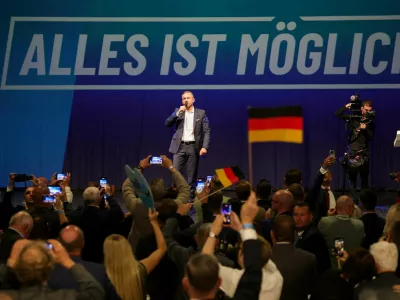 FILE PHOTO: Top candidate of the far-right Alternative for Germany (AfD) Ulrich Siegmund speaks at the AfD election party after polls closed in the Saxony-Anhalt state elections and exit polls were announced, in Magdeburg, Germany, September 6, 2026. REUTERS/Fabrizio Bensch/File Photo