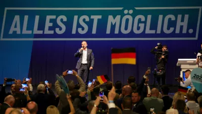 FILE PHOTO: Top candidate of the far-right Alternative for Germany (AfD) Ulrich Siegmund speaks at the AfD election party after polls closed in the Saxony-Anhalt state elections and exit polls were announced, in Magdeburg, Germany, September 6, 2026. REUTERS/Fabrizio Bensch/File Photo