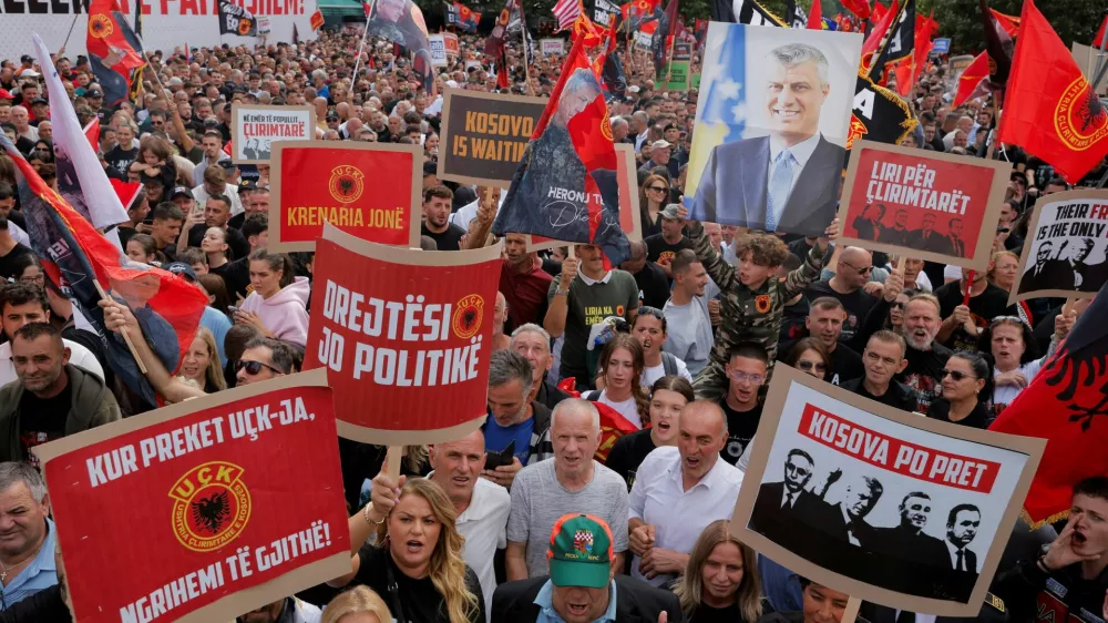 Thousands of people attend the "March for Freedom" called by war veterans in support of former President Hashim Thaci and other former Kosovo Liberation Army (KLA) members ahead of the final verdict in their war crimes trial at the Kosovo Specialist Chambers in The Hague, in Pristina, Kosovo September 12, 2026. REUTERS/Valdrin Xhemaj