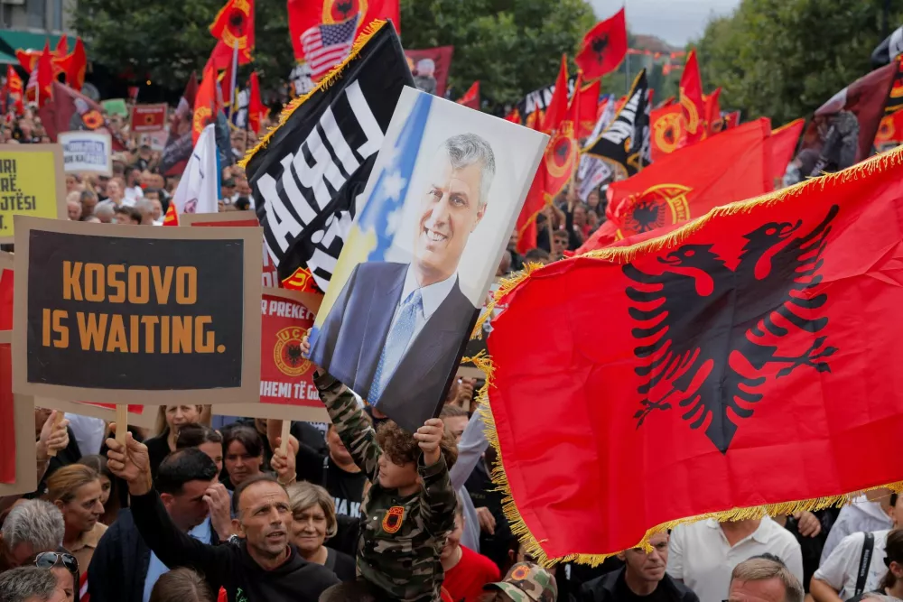 Thousands of people attend the "March for Freedom" called by war veterans in support of former President Hashim Thaci and other former Kosovo Liberation Army (KLA) members ahead of the final verdict in their war crimes trial at the Kosovo Specialist Chambers in The Hague, in Pristina, Kosovo September 12, 2026. REUTERS/Valdrin Xhemaj