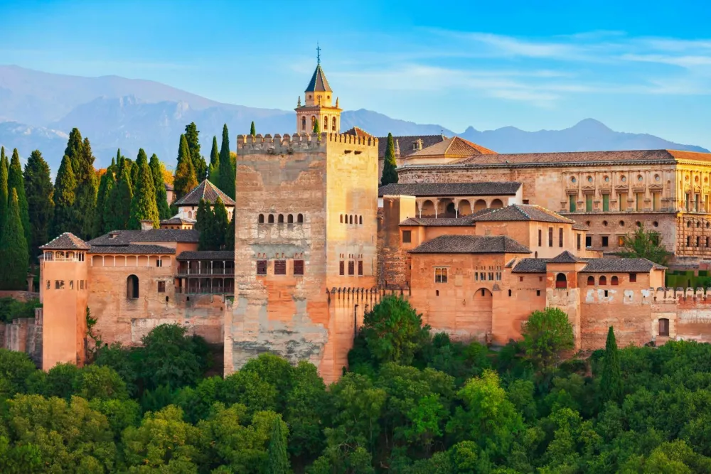 The Alhambra aerial panoramic view. The Alhambra is a fortress complex located in Granada city, Andalusia region in Spain.