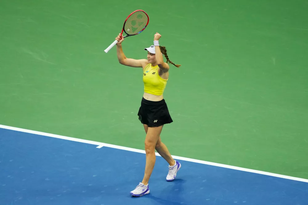 Elena Rybakina, of Kazakhstan, reacts after she won her match against Aryna Sabalenka, of Belarus, at the women's singles final of the U.S. Open tennis championships Saturday, Sept. 12, 2026, in New York. (AP Photo/Yuki Iwamura)