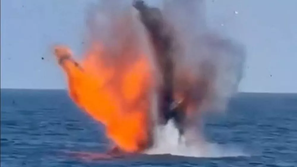 An explosion of what Romanian Defence Minister Radu Miruta said was one of two Gerbera-type drones drifting in Romania's Black Sea exclusive economic zone near the offshore gas project Neptun Deep, in this frame taken from a handout video released on August 11, 2026. Radu Miruta via Facebook/Handout via REUTERS THIS IMAGE HAS BEEN SUPPLIED BY A THIRD PARTY. NO RESALES. NO ARCHIVES