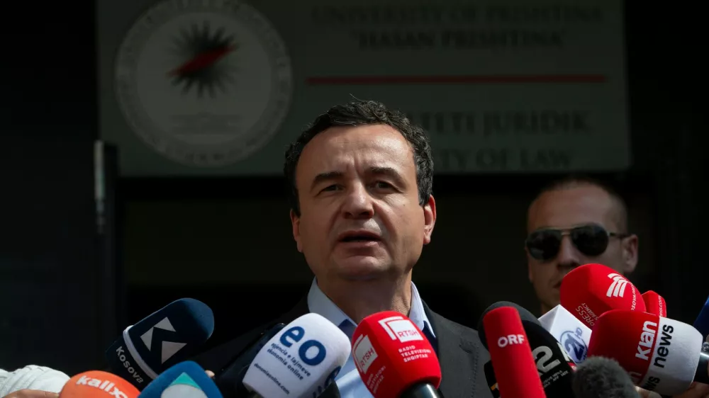 Kosovo's acting Prime Minister and Vetevendosje party leader Albin Kurti adresses media after voting in parliamentary election in Kosovo capital Pristina, on Sunday, June 7, 2026. (AP Photo/Visar Kryeziu)