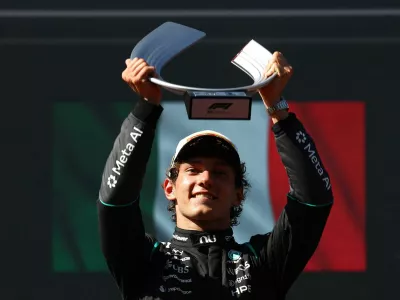Formula One F1 - Spanish Grand Prix - Madring, Madrid, Spain - September 13, 2026 Mercedes' Andrea Kimi Antonelli celebrates on the podium after winning the Spanish Grand Prix REUTERS/Albert Gea