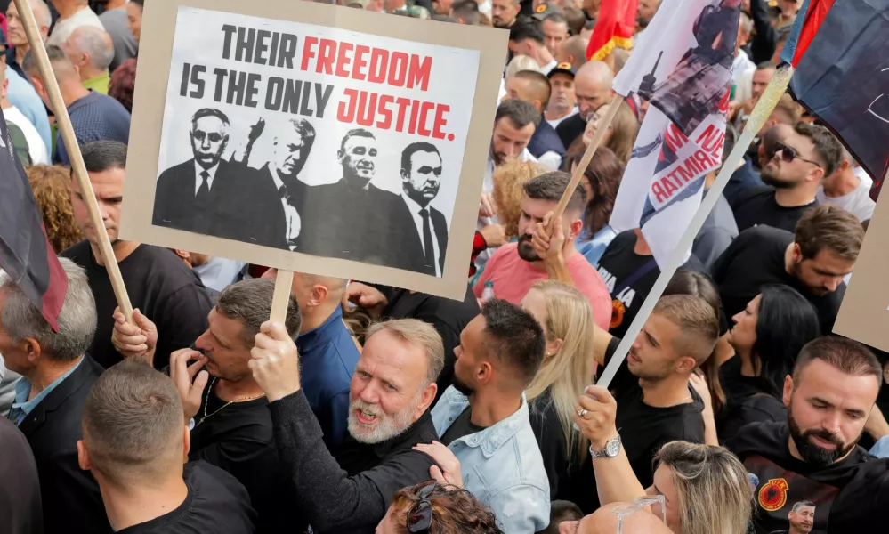 Thousands of people attend the "March for Freedom" called by war veterans in support of former President Hashim Thaci and other former Kosovo Liberation Army (KLA) members ahead of the final verdict in their war crimes trial at the Kosovo Specialist Chambers in The Hague, in Pristina, Kosovo September 12, 2026. REUTERS/Valdrin Xhemaj