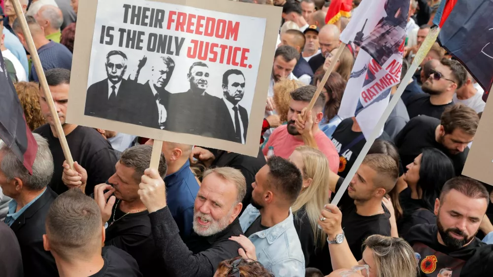 Thousands of people attend the "March for Freedom" called by war veterans in support of former President Hashim Thaci and other former Kosovo Liberation Army (KLA) members ahead of the final verdict in their war crimes trial at the Kosovo Specialist Chambers in The Hague, in Pristina, Kosovo September 12, 2026. REUTERS/Valdrin Xhemaj