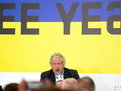 FILE PHOTO: Former British Prime Minister Boris Johnson speaks at the Yalta European Strategy conference during a trip to Ukraine on the third anniversary of Russia's invasion, Ukraine February 24, 2025. Ritzau Scanpix/Bo Amstrup via REUTERS  ATTENTION EDITORS - THIS IMAGE WAS PROVIDED BY A THIRD PARTY. DENMARK OUT. NO COMMERCIAL OR EDITORIAL SALES IN DENMARK./File Photo