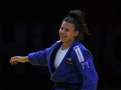 Slovenia's Metka Lobnik reacts after defeating Germany's Julie Hoelterhoff in the women's under 78kg category bronze bout at the Hungary Grand Slam judo tournament, part of the IJF World Judo Tour, in Budapest on September 13, 2026.,Image: 1134250703, License: Rights-managed, Restrictions:, Model Release: no 