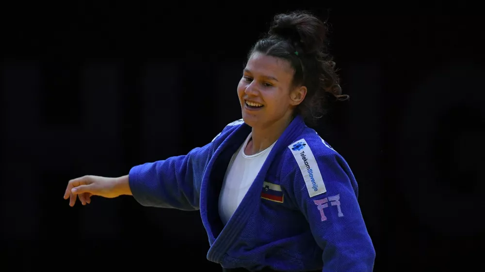 Slovenia's Metka Lobnik reacts after defeating Germany's Julie Hoelterhoff in the women's under 78kg category bronze bout at the Hungary Grand Slam judo tournament, part of the IJF World Judo Tour, in Budapest on September 13, 2026.,Image: 1134250703, License: Rights-managed, Restrictions:, Model Release: no 