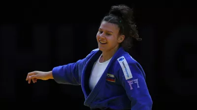 Slovenia's Metka Lobnik reacts after defeating Germany's Julie Hoelterhoff in the women's under 78kg category bronze bout at the Hungary Grand Slam judo tournament, part of the IJF World Judo Tour, in Budapest on September 13, 2026.,Image: 1134250703, License: Rights-managed, Restrictions:, Model Release: no 