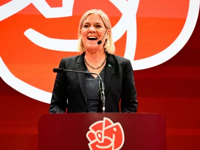 Social Democrats party leader Magdalena Andersson speaks during the Social Democrats' election night watch party, Sunday, Sept. 13, 2026, in Stockholm. (Jonas Ekstr&ouml;mer/TT News Agency via AP)