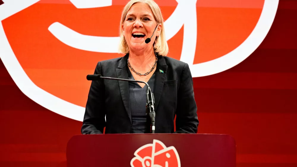 Social Democrats party leader Magdalena Andersson speaks during the Social Democrats' election night watch party, Sunday, Sept. 13, 2026, in Stockholm. (Jonas Ekstr&ouml;mer/TT News Agency via AP)
