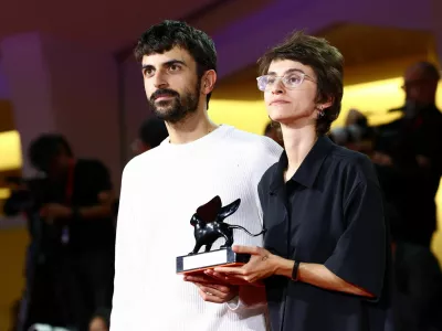 Directors Yuval Abraham and Rachel Szor pose with the Special Jury Award for "Naza" during the closing ceremony of the 83rd Venice International Film Festival, Italy, September 12, 2026. REUTERS/Yves Herman