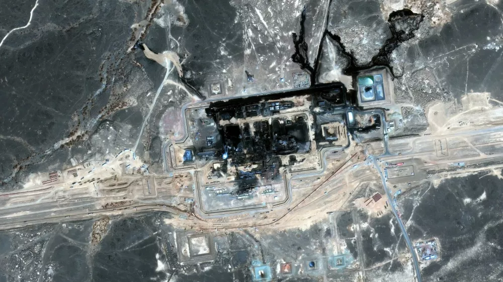 This satellite image provided by Vantor on Sunday, Sept. 13, 2026 shows the aftermath of the recent drone attack on the East-West pipeline in Saudi Arabia. (Satellite image &copy;2026 Vantor via AP)