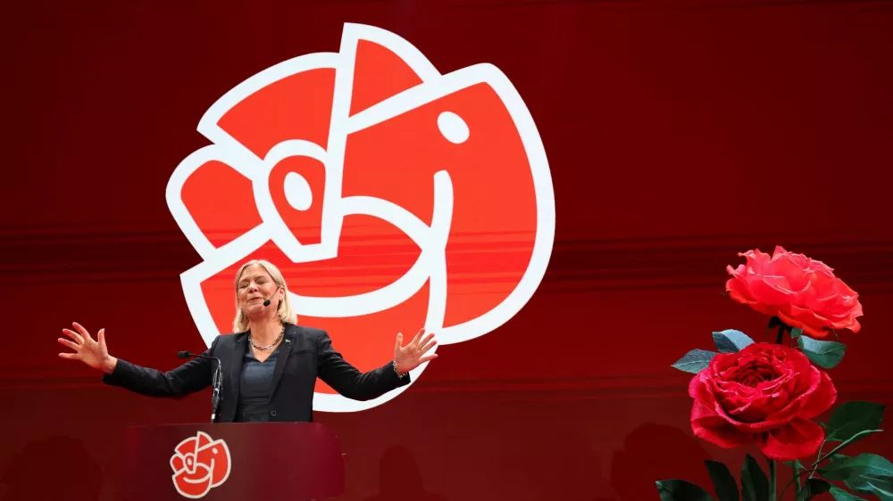 Leader of the opposition and the Swedish Social Democratic Party Magdalena Andersson speaks as the general election's voting results are released in Stockholm, Sweden, September 13, 2026. REUTERS/Denis Balibouse