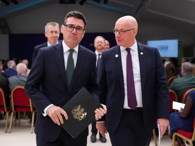 LONDON, ENGLAND - AUGUST 21: Prime Minister Andy Burnham and Scottish First Minister John Swinney leave after the first National Day for Victims and Survivors of Terrorism memorial event at Lancaster House on August 21, 2026 in London, England.  Carl Court/Pool via REUTERS