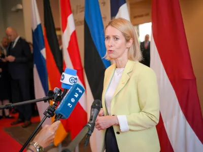 European Commission Vice-President Kaja Kallas speaks to the media during the European Arctic Summit in Rovaniemi, Finland, Monday, Sept. 14, 2026. (Jouni Porsanger/Lehtikuva via AP)