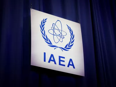 FILE PHOTO: An International Atomic Energy Agency (IAEA) sign at the opening of the IAEA General Conference at the agency's headquarters in Vienna, Austria, September 15, 2025. REUTERS/Lisa Leutner/File Photo