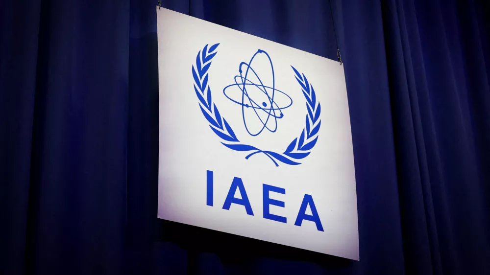 FILE PHOTO: An International Atomic Energy Agency (IAEA) sign at the opening of the IAEA General Conference at the agency's headquarters in Vienna, Austria, September 15, 2025. REUTERS/Lisa Leutner/File Photo