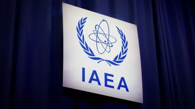 FILE PHOTO: An International Atomic Energy Agency (IAEA) sign at the opening of the IAEA General Conference at the agency's headquarters in Vienna, Austria, September 15, 2025. REUTERS/Lisa Leutner/File Photo