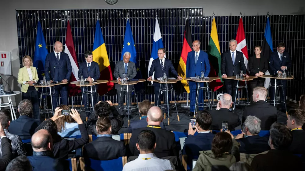 European Commission Vice-President Kaja Kallas, President of Lithuania Gitanas Nauseda, President of the European Council Antonio Costa, Prime Minister of Latvia Andris Kulbergs, Finnish Prime Minister Petteri Orpo, Prime Minister of Estonia Kristen Michal, Prime Minister of Denmark Mette Frederiksen, German Chancellor Friedrich Merz and President of Romania Nicusor Dan attend the leaders' joint press conference of The European Arctic Summit, in Rovaniemi, Finland, on September 14, 2026. Lehtikuva/Jouni Porsanger via REUTERS   ATTENTION EDITORS - THIS IMAGE WAS PROVIDED BY A THIRD PARTY. NO THIRD PARTY SALES. NOT FOR USE BY REUTERS THIRD PARTY DISTRIBUTORS. FINLAND OUT. NO COMMERCIAL OR EDITORIAL SALES IN FINLAND.