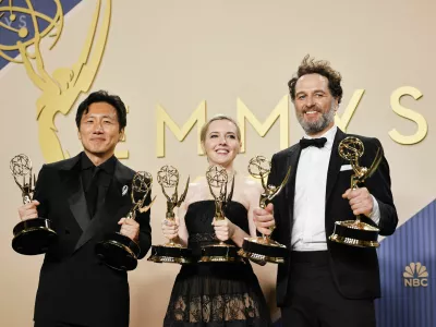 Hiro Murai, winner of the Outstanding Directing for a Comedy Series Award for "Widow's Bay", Katie Dippold, winner of the Outstanding Writing for a Comedy Series Award for "Widow's Bay" and Matthew Rhys, winner of the Outstanding Lead Actor in a Comedy Series Award for "Widow's Bay" and winner of the Outstanding Lead Actor in a Limited or Anthology Series or Movie Award for "The Beast in Me," pose with their awards during the 78th Primetime Emmy Awards in Los Angeles, California, U.S., September 14, 2026. REUTERS/Mike Blake