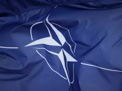 FILE PHOTO: A view of a NATO flag at NATO Dragon-24, part of the Steadfast Defender 2024, exercise in Korzeniewo, Poland, March 4, 2024. REUTERS/Kacper Pempel/File Photo