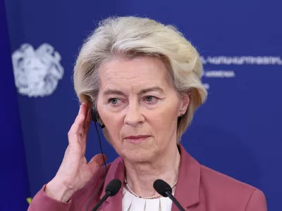 European Commission President Ursula von der Leyen listens to Armenian Prime Minister Nikol Pashinyan as they make statements during a meeting in Yerevan, Armenia, July 2, 2026. Hayk Baghdasaryan/Photolure via REUTERS ATTENTION EDITORS - THIS IMAGE HAS BEEN SUPPLIED BY A THIRD PARTY.