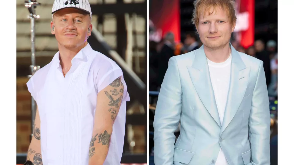 Recording artist Macklemore appears on ABC's "Good Morning America" Summer Concert Series in Central Park in New York on July 22, 2022, left, and Ed Sheeran appears at the premiere of the film "F1 The Movie" in London on June 23, 2025. (AP Photo)