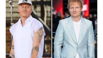 Recording artist Macklemore appears on ABC's "Good Morning America" Summer Concert Series in Central Park in New York on July 22, 2022, left, and Ed Sheeran appears at the premiere of the film "F1 The Movie" in London on June 23, 2025. (AP Photo)