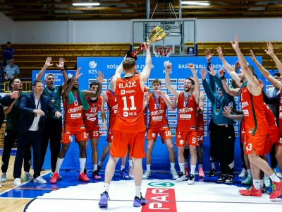 Cedevita Olimpija in action during Slovenian basketball SuperCup between Cedevita Olimpija and Krka in Polzela, Slovenia on September 24, 2025