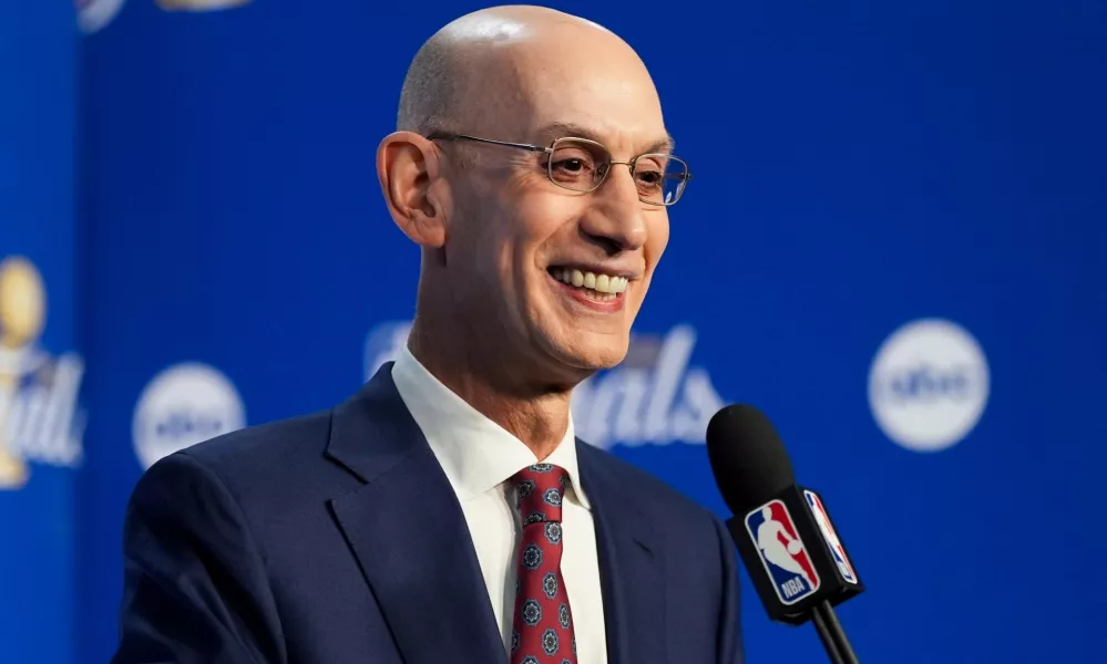 NBA Commissioner Adam Silver speaks prior to Game 1 of the NBA Finals basketball series between the New York Knicks and the San Antonio Spurs, Wednesday, June 3, 2026, in San Antonio. (AP Photo/Eric Gay)