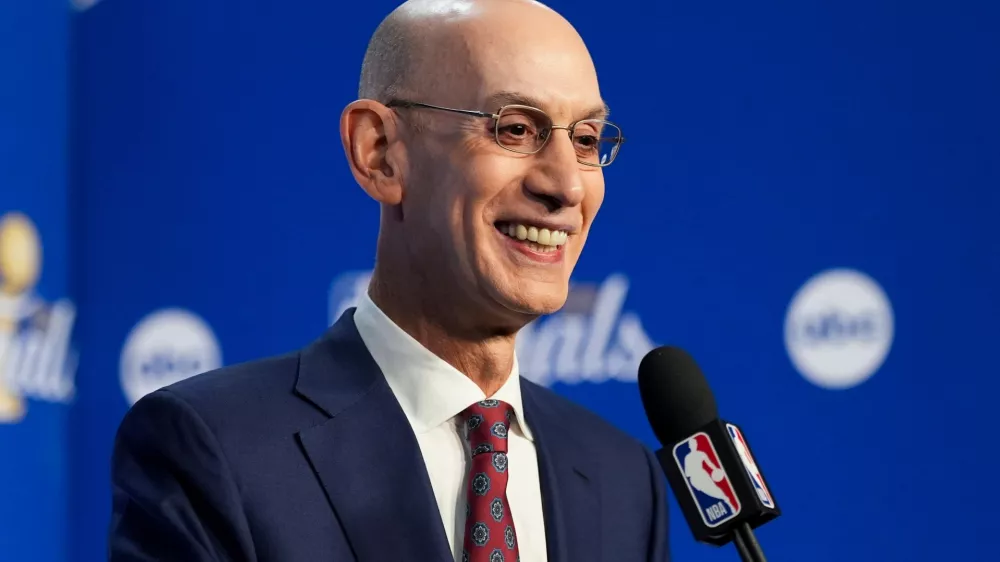 NBA Commissioner Adam Silver speaks prior to Game 1 of the NBA Finals basketball series between the New York Knicks and the San Antonio Spurs, Wednesday, June 3, 2026, in San Antonio. (AP Photo/Eric Gay)