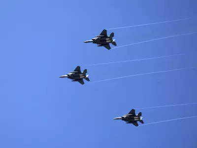 South Korean Air Force F-15K fighter jets fly during the joint military drill between South Korea and the United States at Seungjin Fire Training Field in Pocheon, South Korea, Thursday, March 6, 2025. (Yonhap via AP)