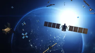 Advancing Telecommunication and High-Speed Internet. Satellites Flying Around Earth. Industry And Technology Related 3D Render.