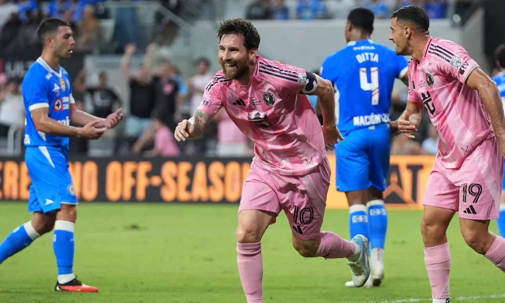 Inter Miami's Lionel Messi (10) celebrates after scoring a goal during the first half of the Campeones Cup soccer match against Cruz Azul, Wednesday, Sept. 16, 2026, in Miami. (AP Photo/Lynne Sladky)