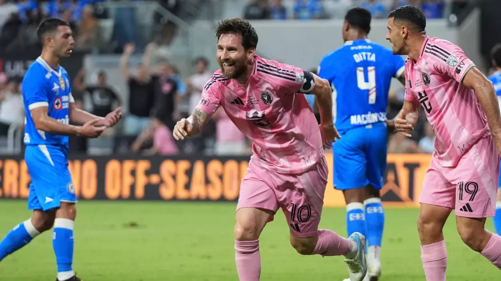 Inter Miami's Lionel Messi (10) celebrates after scoring a goal during the first half of the Campeones Cup soccer match against Cruz Azul, Wednesday, Sept. 16, 2026, in Miami. (AP Photo/Lynne Sladky)