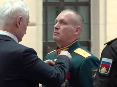 Russian Defence Minister Andrei Belousov awards General Anton Grunis the Gold Star medal and the title of Hero of Russia for courage displayed in carrying out tasks during Russia's military campaign against Ukraine, at a ceremony in Moscow, Russia, in this still image from video released August 28, 2026. Russian Defence Ministry/Handout via REUTERS THIS IMAGE HAS BEEN SUPPLIED BY A THIRD PARTY. NO RESALES. NO ARCHIVES. MANDATORY CREDIT.