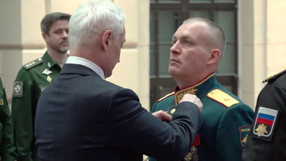 Russian Defence Minister Andrei Belousov awards General Anton Grunis the Gold Star medal and the title of Hero of Russia for courage displayed in carrying out tasks during Russia's military campaign against Ukraine, at a ceremony in Moscow, Russia, in this still image from video released August 28, 2026. Russian Defence Ministry/Handout via REUTERS THIS IMAGE HAS BEEN SUPPLIED BY A THIRD PARTY. NO RESALES. NO ARCHIVES. MANDATORY CREDIT.