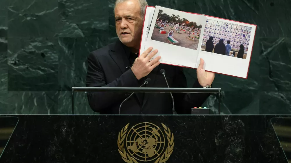 Iran's President Masoud Pezeshkian addresses the 81st United Nations General Assembly (UNGA) at UN headquarters in New York City, US, September 23, 2026. REUTERS/CAITLIN OCHS
