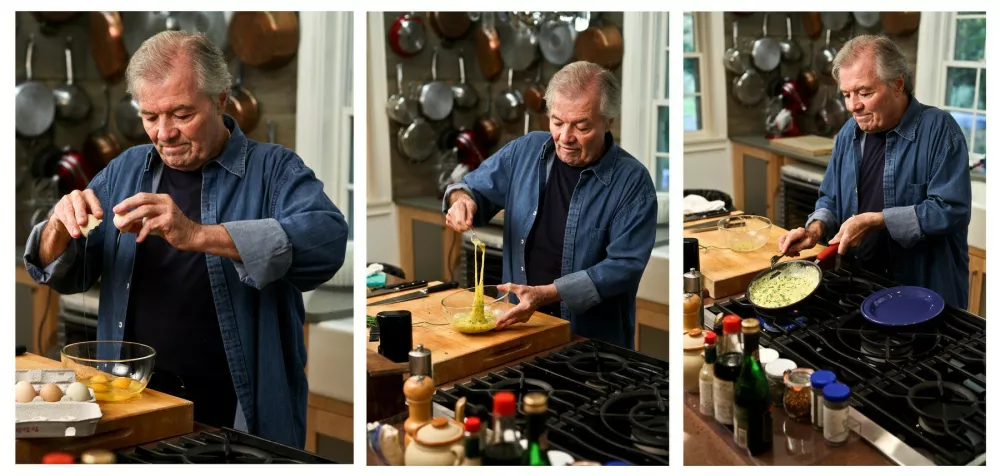 In a three-photo combination, Jacques Pepin, a professional chef, makes an omelet, at his home in Madison, Conn., Oct. 13, 2011. Pepin focuses on the details when it comes to the craft, and he demonstrates the best techniques used by some of the best chefs.,Image: 104987973, License: Rights-managed, Restrictions:, Model Release: no / Foto: Profimedia