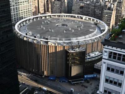 Aerial view of Madison Square Garden ahead of a reported wedding between singer Taylor Swift and National Football League player Travis Kelce on Thursday, July 2, 2026, in New York. (Photo by Evan Agostini/Invision/AP)