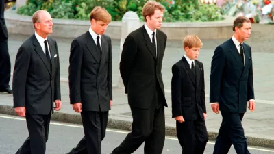 FILE - From left: Britain's Prince Philip, Prince William, Earl Spencer, Prince Harry and Prince Charles walk outside Westminster Abbey during the funeral procession for Diana, Princess of Wales, Sept. 6, 1997. (AP Photo/Jeff J. Mitchell, Pool, File)