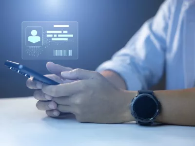 Digital identification or digital ID. Businessman and hand touch virtual screen of digital identification card to accessing databases by digital identity for cyber security. Employee badge.