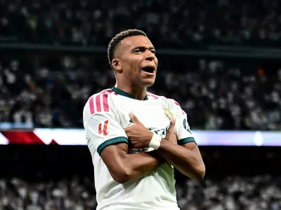 FILE PHOTO: Soccer Football - LaLiga - Real Madrid v Real Sociedad - Estadio Santiago Bernabeu, Madrid, Spain - August 26, 2026 Real Madrid's Kylian Mbappe celebrates scoring their second goal REUTERS/Juan Barbosa/File Photo