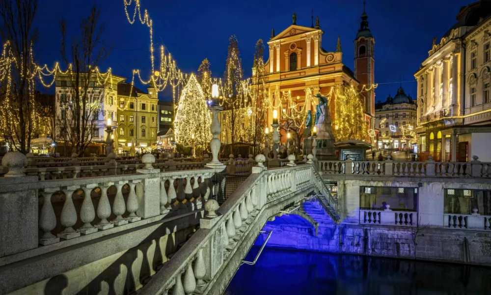 Ljubljanas Christmas market lights and decoration during winter holiday. Photo taken on 30th of November 2022 in Ljubljana, Slovenia.