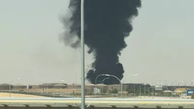 Large plume of black smoke rises from the fuel storage area at King Khalid International Airport, in Riyadh, Saudi Arabia, September 19, 2026. Picture taken with a mobile phone. REUTERS/Stringer