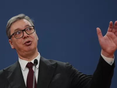Serbian President Aleksandar Vucic speaks to the media during a joint news conference with European Commission President Ursula von der Leyen at the Serbia Palace in Belgrade, Serbia, Wednesday, Oct. 15, 2025. (AP Photo/Darko Vojinovic)
