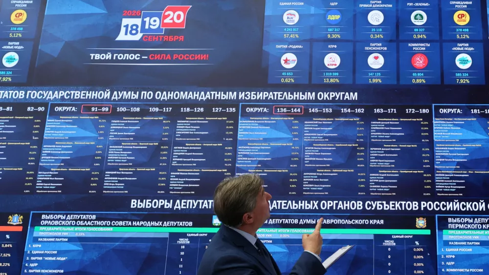 A TV reporter points at a screen displaying preliminary results of Russia's parliamentary election at the headquarters of the Central Election Commission in Moscow, Russia, September 20, 2026. REUTERS/Shamil Zhumatov